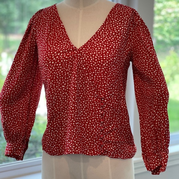 Madewell Kinston Side-Button Wrap Top in Park Picnic Size XS NWOT Red Floral - Picture 1 of 12